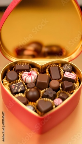 Vertical close-up of a heart-shaped box filled with assorted luxury chocolates on a vibrant pink and red background, perfect for a Valentine’s Day social media banner.