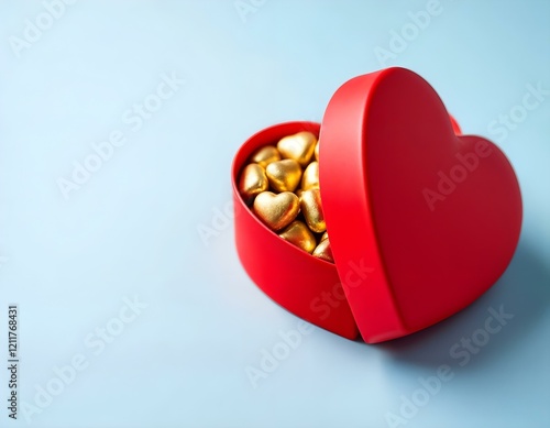 Heart-shaped red gift box filled with golden chocolate hearts on a soft blue background, perfect for a luxurious and romantic theme.