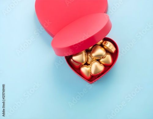 Heart-shaped red gift box filled with golden chocolate hearts on a soft blue background, perfect for a luxurious and romantic theme.