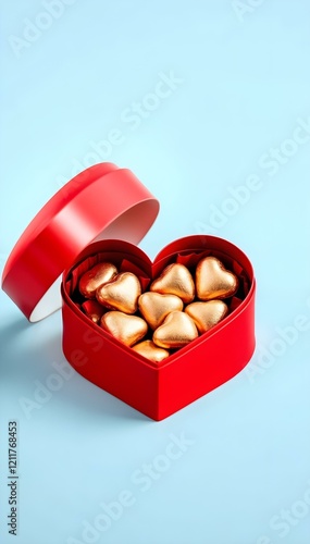 Red heart-shaped gift box filled with golden chocolates on a pastel blue background. Vertical social media banner.