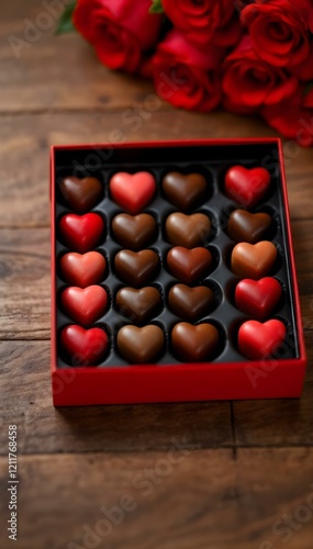 Elegant heart-shaped chocolates in a red gift box on a rustic wooden surface, with vibrant red roses in the background. Vertical social media banner.