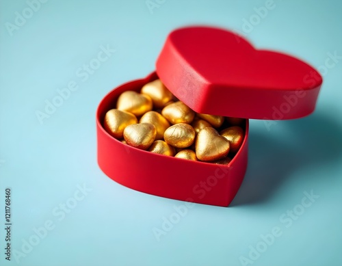 Heart-shaped red gift box filled with golden chocolate hearts on a soft blue background, perfect for a luxurious and romantic theme.