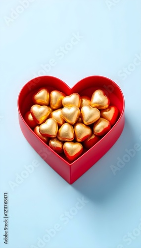 Red heart-shaped gift box filled with golden chocolates on a pastel blue background. Vertical social media banner.