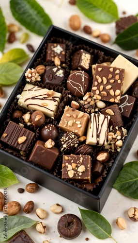 Vertical display of assorted gourmet chocolates and truffles with nuts in a stylish box on a rustic wooden background.