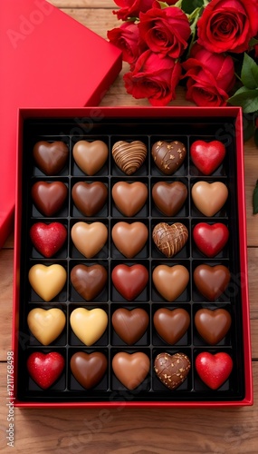 Elegant heart-shaped chocolates in a red gift box on a rustic wooden surface, with vibrant red roses in the background. Vertical social media banner.