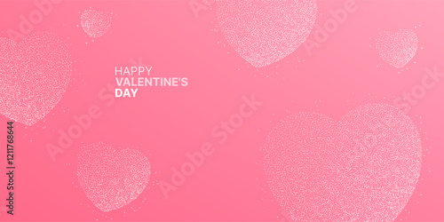 Happy Valentine's day template. Minimalistic heart of dots, pink background. Dotwork hearts banner. Vector illustration.