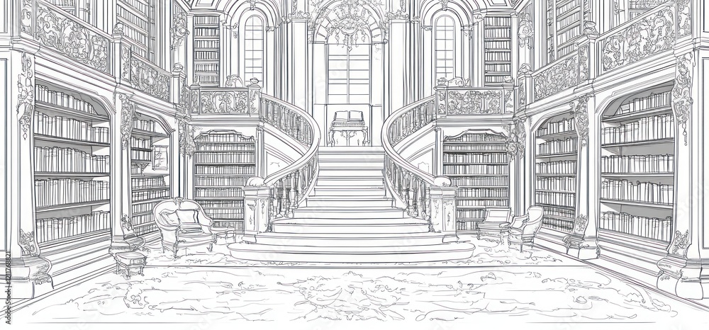 Obraz premium Grand Library Staircase Architectural Sketch Design