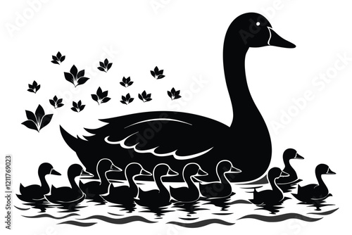black silhouette geese on the lake Swimming at beach white background