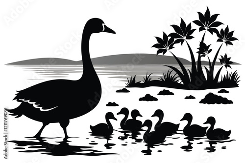black silhouette geese on the lake Swimming at beach white background