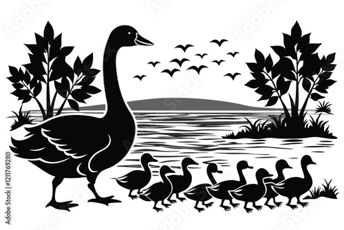 black silhouette geese on the lake Swimming at beach white background