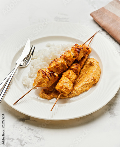 Tender grilled chicken skewers are arranged on a white plate alongside fluffy rice and a rich, creamy peanut sauce, creating a delicious meal setting photo