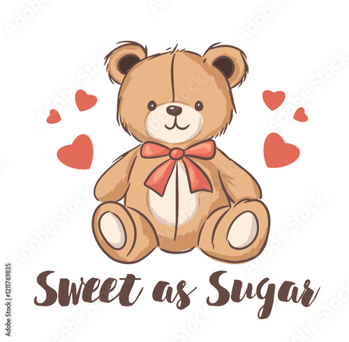 Hand drawn cute teddy bear with hearts and text Sweet as sugar vector illustration
