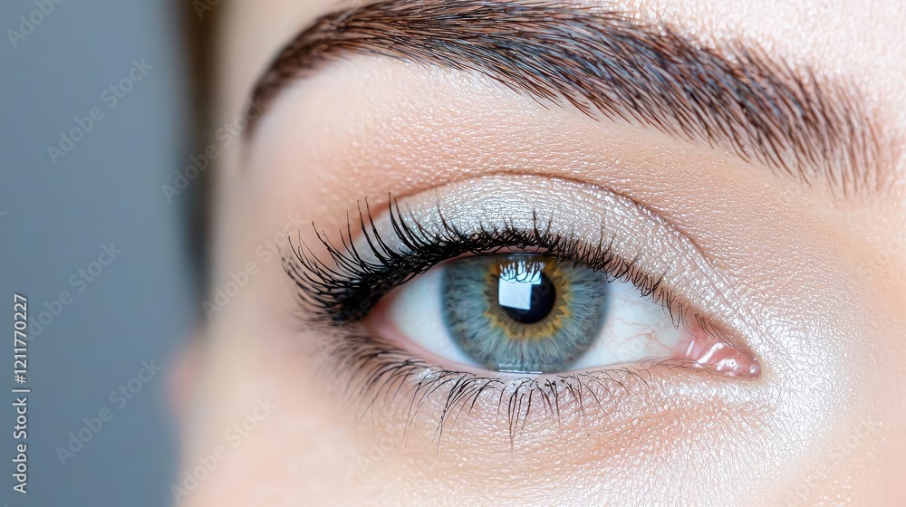 Obraz premium Close-up of a woman's eye with makeup, grey background. Beauty, cosmetics, advertising