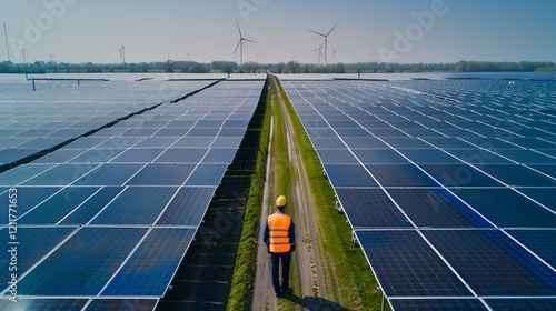 Workers at Solar Park stroll among the rows of Solr PNLs. photo