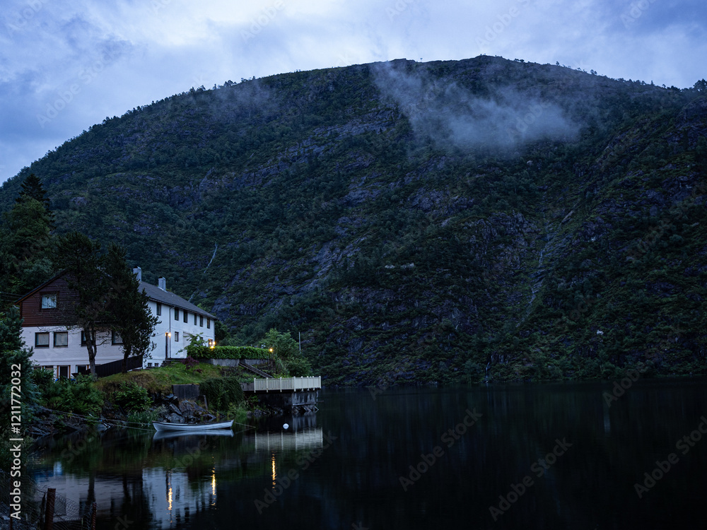 Night photo of Nesttun, in the municipality of Bergen, Vestland county. Norway. Lake Grimevatnet Night photo of Nesttun, in the municipality of Bergen, Vestland county. Norway. Lake Grimevatnet