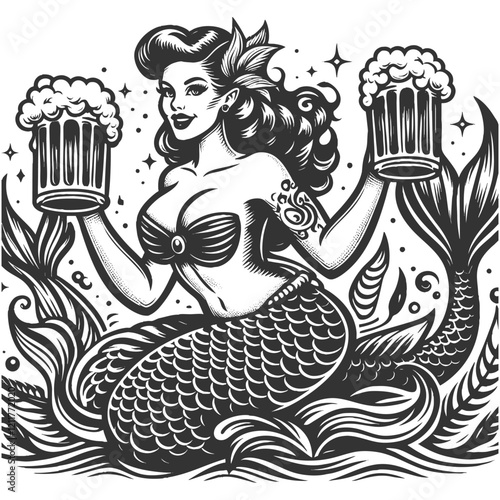 mermaid with two large beer mugs sketch engraving generative ai fictional character vector illustration. Scratch board imitation. Black and white image.