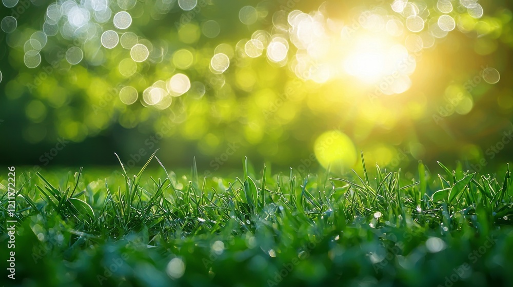 Obraz premium Fresh green pasture blooms under the soft glow of morning light, with dew-kissed hay swaying gently. Nature awakens with vibrant colors and a serene atmosphere that invites tranquility