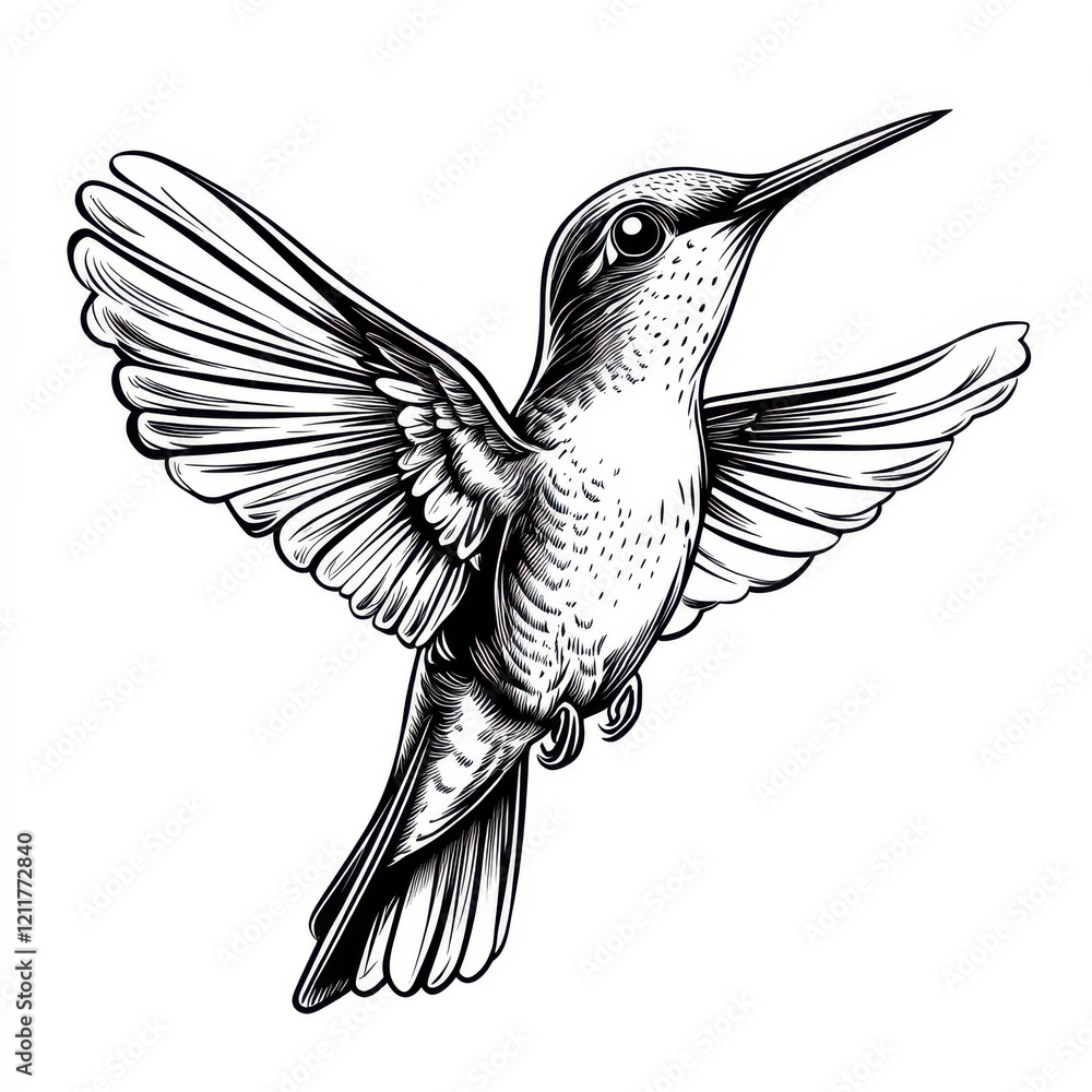 Obraz premium Hummingbird in Flight: A Black and White Ink Drawing