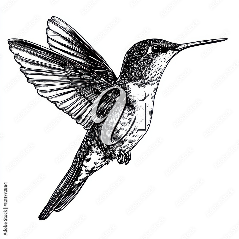 Obraz premium Hummingbird in Flight: A Detailed Ink Drawing