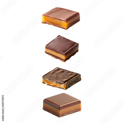 Parametric design of one-piece caramel and chocolate bar with caramel filling. white background
