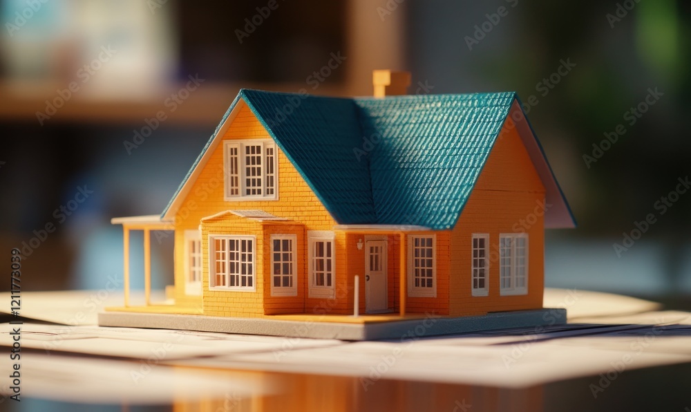 Dream Home: A Miniature House Model on Blueprints Dream Home: A Miniature House Model on Blueprints