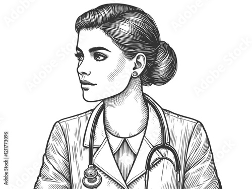 female doctor wearing a stethoscope and vintage attire, professionalism and healthcare history sketch engraving generative ai vector illustration. Scratch board imitation. Black and white image.