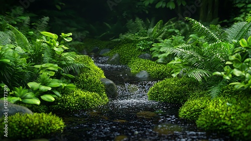 Serene Flowing Stream Surrounded by Lush Green Foliage and Rocks
