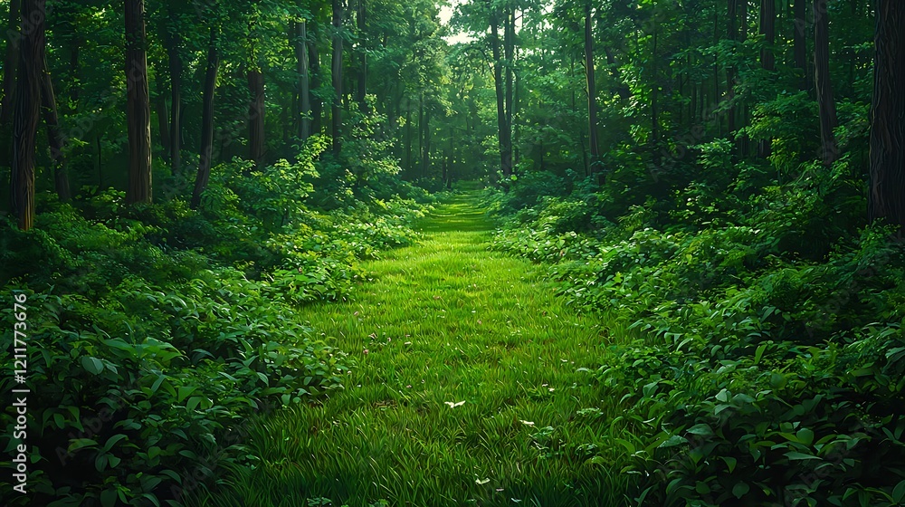 Obraz premium Serene Green Forest Pathway through Lush Verdant Landscape