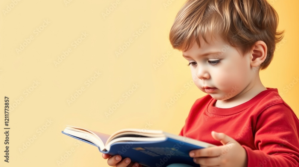 Young child reading, red shirt, focused expression, open book, learning, childhood education, side profile, soft lighting, yellow background, intellectual curiosity, early literacy, cozy atmosphere Young child reading, red shirt, focused expression, open book, learning, childhood education, side profile, soft lighting, yellow background, intellectual curiosity, early literacy, cozy atmosphere