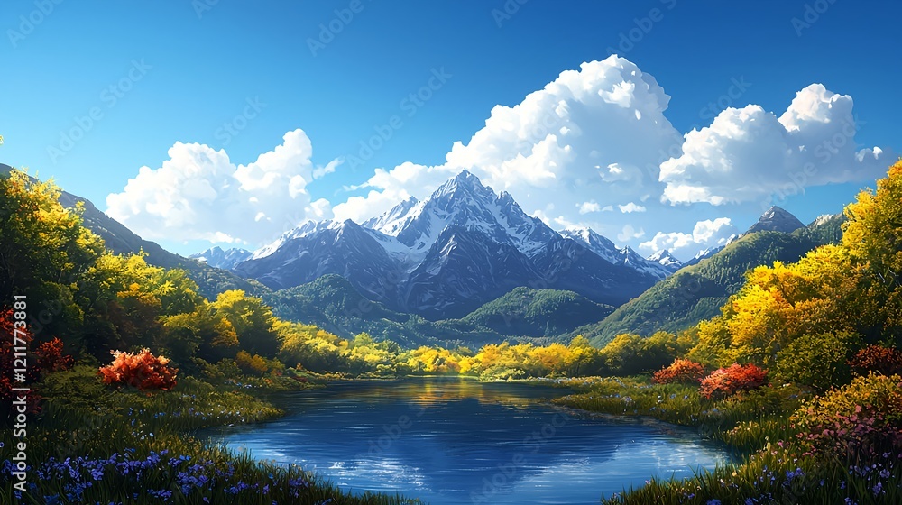 Fototapeta premium Scenic Autumn Landscape with Snowy Mountains and Calm Lake Reflection