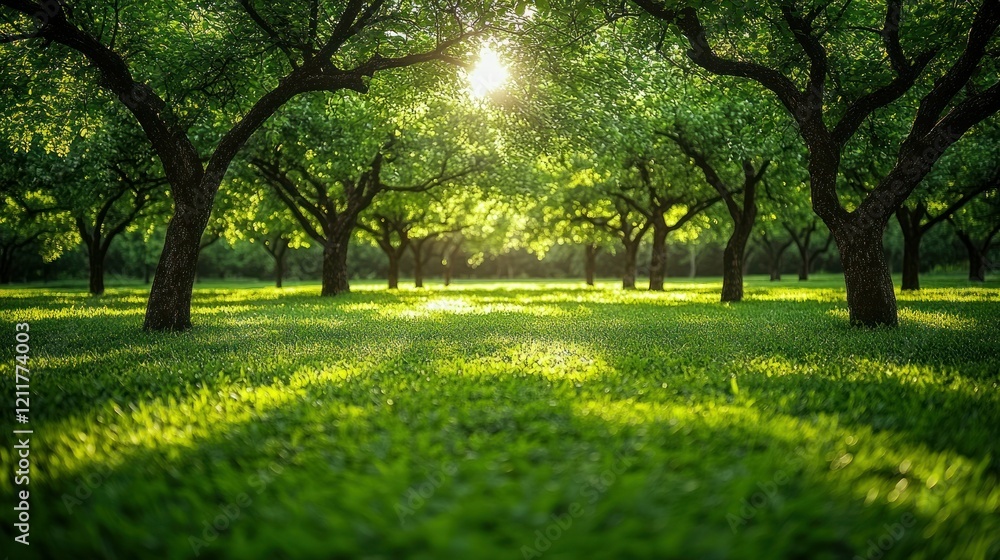 Sunlit Orchard: A Serene Landscape of Trees and Grass Sunlit Orchard: A Serene Landscape of Trees and Grass