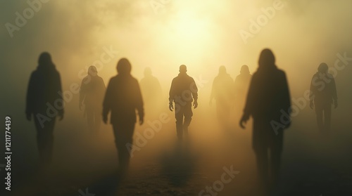 Group of Silhouetted Figures Walking Through a Foggy Atmospheric Landscape