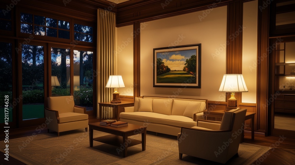 Cozy living room with elegant furnishings, warm lighting, and a golf course view at dusk Cozy living room with elegant furnishings, warm lighting, and a golf course view at dusk