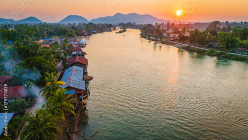 Aerial drone at sunset of Don det and 4000 island South Laos travel destination on Mekong river  photo