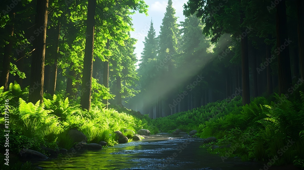Lush Green Forest with Stream and Sunlight in Nature Landscape Lush Green Forest with Stream and Sunlight in Nature Landscape