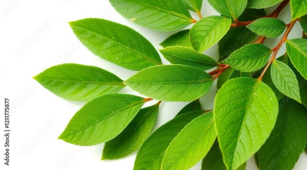 Close-up of fresh green leaves with visible veins and red stems on white background, creating natural and vibrant composition Close-up of fresh green leaves with visible veins and red stems on white background, creating natural and vibrant composition
