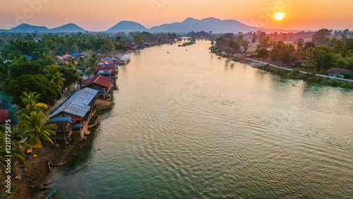 Fotografija Drone Landscape, establishing at 4000 Islands Laos, Mekong River, reflected bel