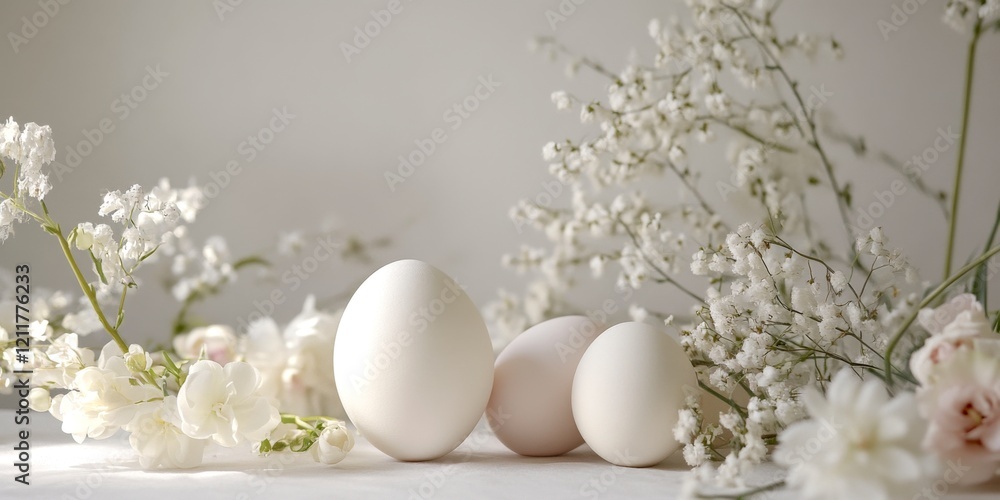 Elegant white eggs lie among delicate flowers. This serene composition captures the essence of nature and simplicity. Ideal for spring themes and soft aesthetics. AI Elegant white eggs lie among delicate flowers. This serene composition captures the essence of nature and simplicity. Ideal for spring themes and soft aesthetics. AI