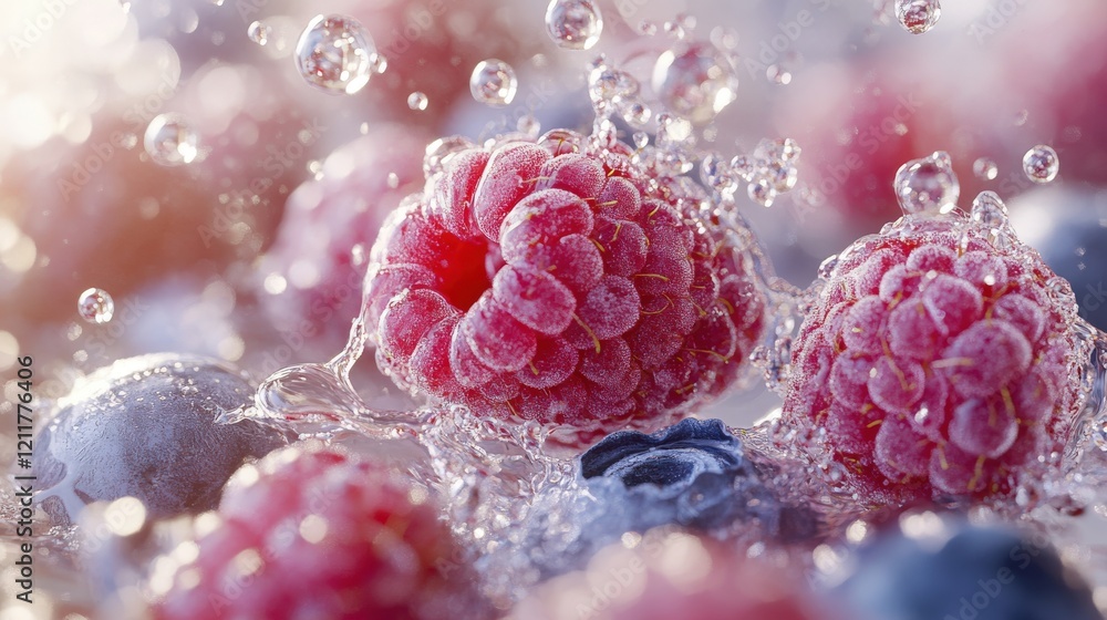 Frozen raspberries and blueberries submerged in water, showcasing vibrant colors and water droplets. A refreshing, healthy image perfect for food blogs, packaging, or advertising. Frozen raspberries and blueberries submerged in water, showcasing vibrant colors and water droplets. A refreshing, healthy image perfect for food blogs, packaging, or advertising.