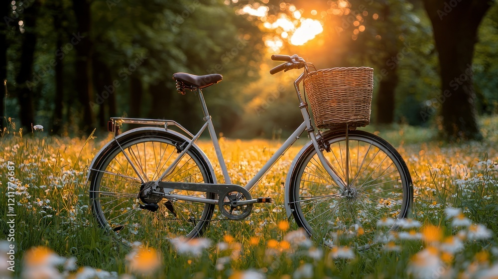 Fototapeta premium Sunset Bicycle Ride in a Flower Meadow