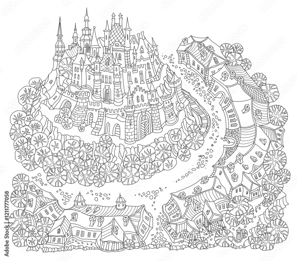 Obraz premium Black and white fantasy town landscape, street buildings, medieval castle and palace. Adults and children Coloring Book page