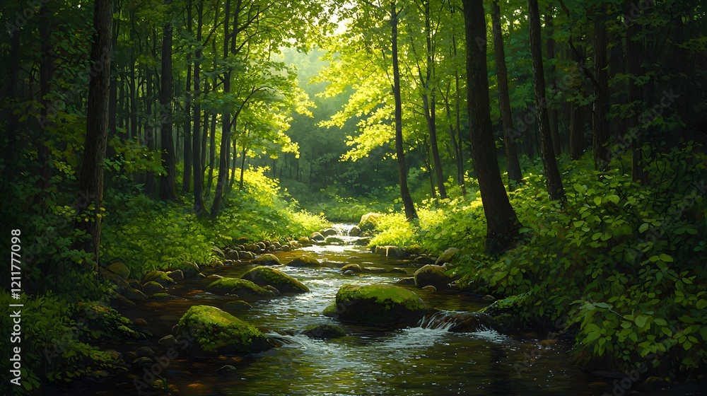Obraz premium Tranquil Forest Stream with Sunlight Filtering Through Trees