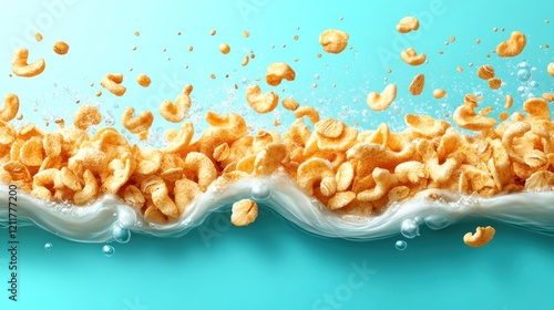 Cereal splashing milk, blue background, breakfast ad photo