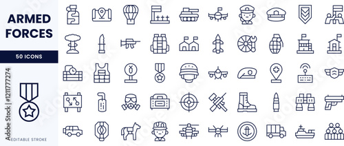 A collection of 50 icons representing various aspects of armed forces, including military equipment, personnel, and symbols in a sleek, minimalist style.