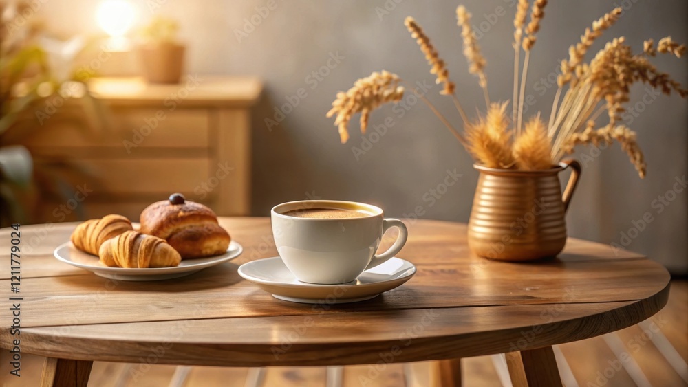Warm morning light illuminates a table setting featuring a cup of coffee, freshly baked croissants, and a vase of dried flowers. Warm morning light illuminates a table setting featuring a cup of coffee, freshly baked croissants, and a vase of dried flowers.