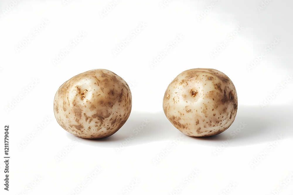 Fototapeta premium Two dirty potatoes sit on a white background