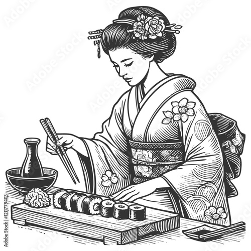 Japanese woman in a kimono using chopsticks to eat sushi and udon noodles sketch engraving generative ai fictional character vector illustration. Scratch board imitation. Black and white image.