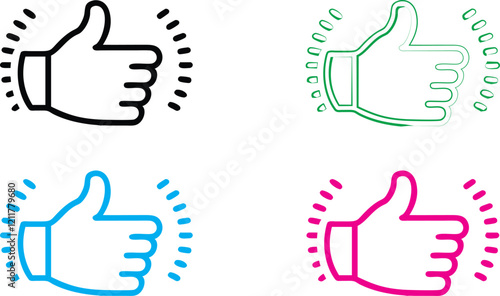 Minimalist thumbs up icons, flat design, circular outlines, social media symbols, simplified hand gestures, monochromatic color schemes, clean line art, vector graphics style, approval indicators, pos photo