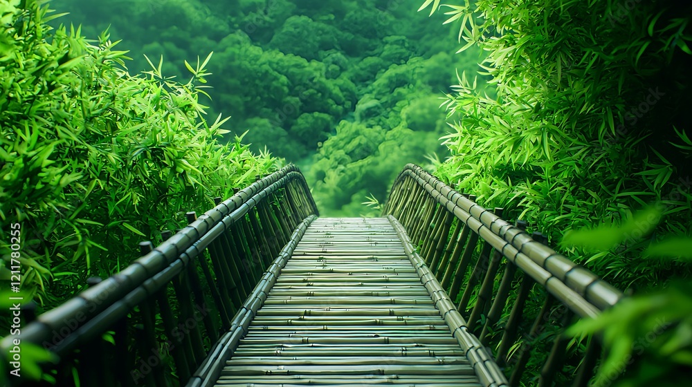 Fototapeta premium Tranquil Bamboo Path Through Lush Green Jungle Landscape Scene
