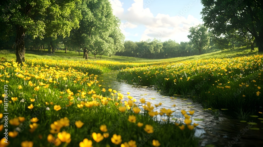 Obraz premium Lush Green Landscape with Wildflowers and Gentle Stream Flowing
